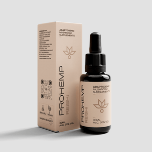 ProHemp Reishi adaptogenic mushroom supplement dropper bottle and box, 30ml vegan extract
