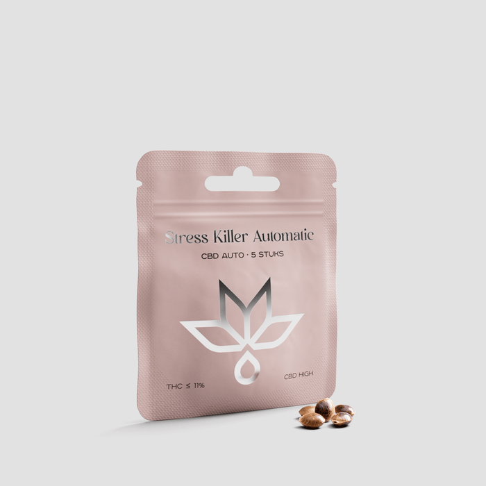 Stress Killer Automatic CBD seeds pack with hemp seeds on a light background