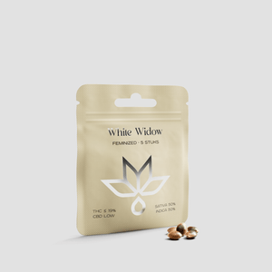 White Widow feminized seeds pack with hemp seeds on light background